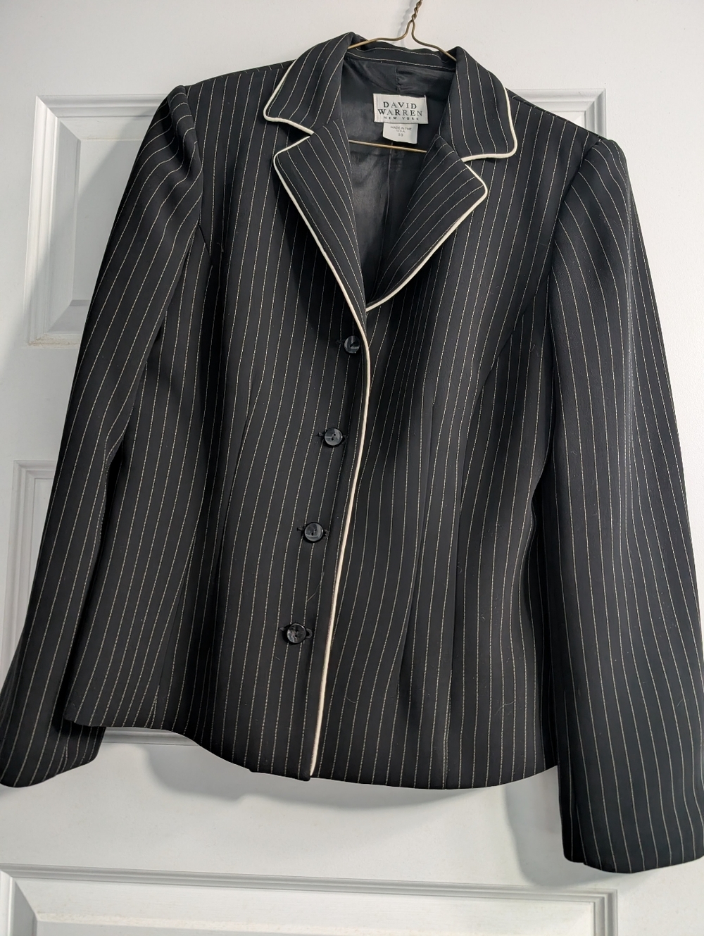 David Warren Black Pinstripe Blazer with Cream Piping